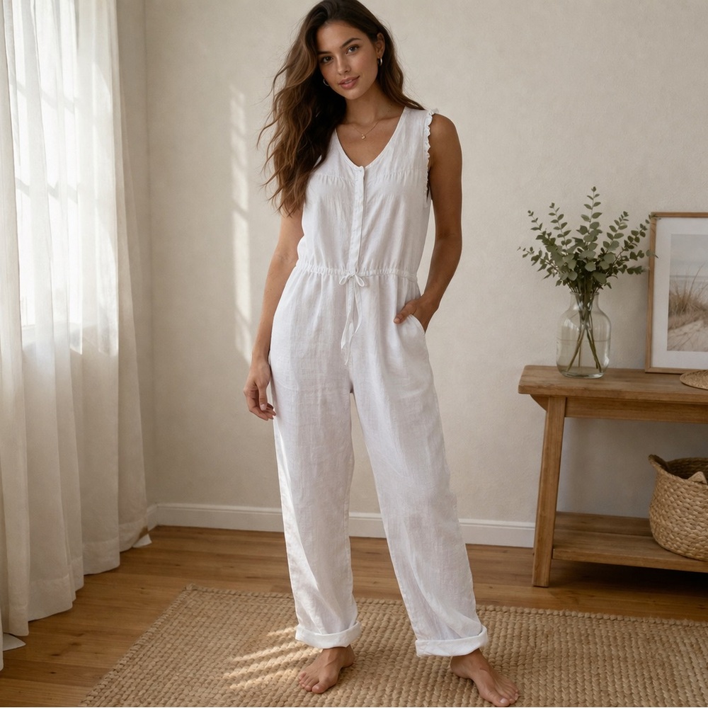 Lightweight White Linen Jumpsuit with Drawstring Waist